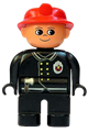 Duplo Figure, Male Fireman, Black Legs, Black Top with Flame Logo, Red Fire Helmet, no Moustache - 4555pb251