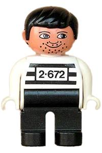 Duplo Figure, Male, Black Legs, White Top with 2-672 Number on Chest, Black Hair, White Hands, Stubble, Moustache Stubble 4555pb252