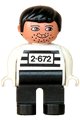 Duplo male figure with black hair, white hands, wearing white top with number 2-672, black legs, and stubble - 4555pb252