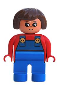Duplo Figure, Female, Blue Legs, Red Top with Blue Overalls, Brown Hair, Turned Up Nose 4555pb253
