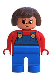 Duplo Female - Female Duplo figure with blue legs, wearing red top with blue overalls, brown hair, and a turned-up nose - 4555pb253