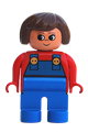 Duplo Figure, Female, Blue Legs, Red Top with Blue Overalls, Brown Hair, Turned Up Nose - 4555pb253