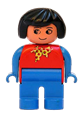 Duplo Figure, Female, Blue Legs, Red Top With Yellow And Red Polka Dot Scarf, Blue Arms, Black Hair, without Nose - 4555pb254