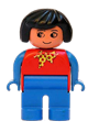 Female Duplo figure with blue legs, red top with yellow and red polka dot scarf, blue arms, black hair, without a nose - 4555pb254