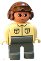 Male Duplo figure wearing dark gray legs, a tan top, and a brown aviator helmet - 4555pb255