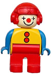 Duplo Figure, Male Clown, Red Legs, Yellow Top with 2 Buttons, Blue Arms, Red Aviator Helmet 4555pb256