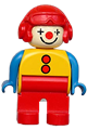 A male clown Duplo figure with red legs, yellow top, blue arms, and a red aviator helmet - 4555pb256