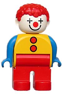 Duplo Male Clown - Duplo figure of a male clown with red legs, yellow top with 2 buttons, blue arms, and curly red hair - 4555pb259
