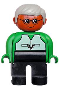Duplo Male - Male Duplo figure with black legs, wearing a green top with a vest, brown head, gray hair, and glasses - 4555pb261