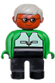 Duplo Figure, Male, Black Legs, Green Top with Vest, Brown Head, Gray Hair, Glasses - 4555pb261