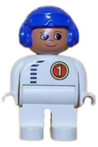 Duplo Male Racer 1 - Male Duplo figure with white legs, wearing a white top with a black zipper and racer #1, topped with a blue aviator helmet - 4555pb262