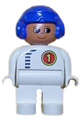 Duplo Figure, Male, White Legs, White Top with Black Zipper and Racer #1, Blue Aviator Helmet - 4555pb262