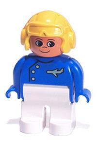 Duplo Male Airport Worker - Male Duplo figure with white legs, wearing a blue top with plane logo, yellow aviator helmet, and turned-up nose - 4555pb263