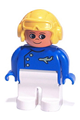 Male Duplo figure with white legs, wearing a blue top with plane logo, yellow aviator helmet, and turned-up nose - 4555pb263
