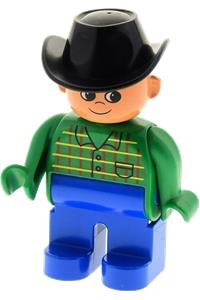 Duplo Male - Male Duplo figure wearing blue legs, a green top with a pocket, and a black cowboy hat - 4555pb264