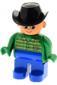 Duplo Figure, Male, Blue Legs, Green Top with Pocket, Black Cowboy Hat - 4555pb264