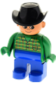 Male Duplo figure wearing blue legs, a green top with a pocket, and a black cowboy hat - 4555pb264