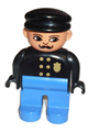 Duplo figure police officer, male wearing a black hat and top with a gold badge, blue legs, turned-down nose, and elliptical eyes - 4555pb266