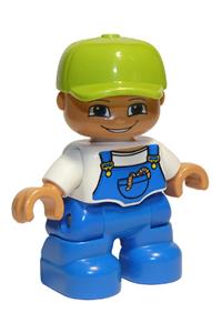 Duplo Figure Lego Ville, Child Boy, Blue Legs, White Top with Blue Overalls, Worms in Pocket, Lime Cap 47205pb002