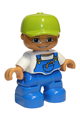 Duplo Figure Lego Ville, Child Boy, Blue Legs, White Top with Blue Overalls, Worms in Pocket, Lime Cap - 47205pb002