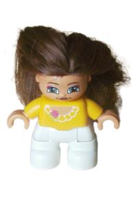 Duplo Child Girl - Lego Ville Duplo figure of a young girl with white legs, wearing an orange top, and brown hair - 47205pb004