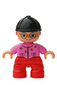 Duplo Child Girl - Lego Ville Duplo Figure, young female with red legs, dark pink top with flowers, black riding helmet, and glasses - 47205pb005