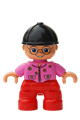 Lego Ville Duplo Figure, young female with red legs, dark pink top with flowers, black riding helmet, and glasses - 47205pb005