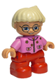 Lego Ville Duplo figure, a child girl with red legs wearing a dark pink top with flowers, light blond hair in a ponytail, and glasses - 47205pb006
