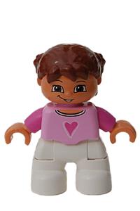 Duplo Child Girl - Lego Ville Duplo figure, a girl with white legs, bright pink top, dark pink arms, and reddish brown hair with braids - 47205pb008
