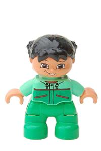 Duplo Child Girl - Child girl Duplo figure from Lego Ville with bright green legs, medium green top with red trim, and black hair - 47205pb009