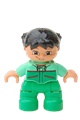Child girl Duplo figure from Lego Ville with bright green legs, medium green top with red trim, and black hair - 47205pb009