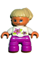 Lego Ville Duplo figure of a child girl with magenta legs, white top with two flowers, white arms, and tan hair - 47205pb010