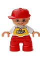 Duplo Figure Lego Ville, Child Boy, Red Legs, White Top with 'SKATE' Pattern, Red Cap - 47205pb012