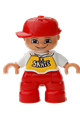 Lego Ville Duplo figure: child boy with red legs, white top featuring 'SKATE' pattern, and a red cap - 47205pb012