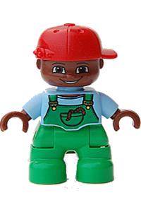 Duplo Figure Lego Ville, Child Boy, Bright Green Legs, Bright Light Blue Top with Bright Green Overalls with Worms in Pocket, Brown Head, Red Cap 47205pb013