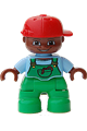 Duplo Figure Lego Ville, Child Boy, Bright Green Legs, Bright Light Blue Top with Bright Green Overalls with Worms in Pocket, Brown Head, Red Cap - 47205pb013