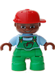Lego Ville Duplo figure, child boy with bright green legs, bright light blue top, green overalls, brown head, and red cap - 47205pb013