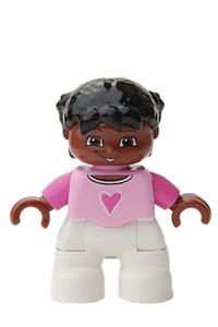 Duplo Figure Lego Ville, Child Girl, White Legs, Bright Pink Top, Dark Pink Arms, Brown Head, Black Hair with Braids 47205pb015