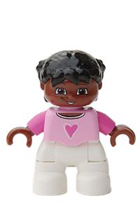 Duplo Child Girl - LEGO Ville Duplo child girl with white legs, bright pink top, dark pink arms, brown head, and black hair with braids - 47205pb015