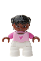LEGO Ville Duplo child girl with white legs, bright pink top, dark pink arms, brown head, and black hair with braids - 47205pb015