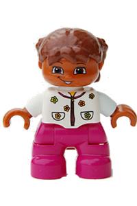 Duplo Figure Lego Ville, Child Girl, Magenta Legs, White Top with Flowers, Reddish Brown Hair with Braids 47205pb016