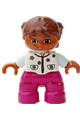 Lego Ville Duplo figure: Child girl with magenta legs, white top with flowers, and reddish brown hair with braids - 47205pb016