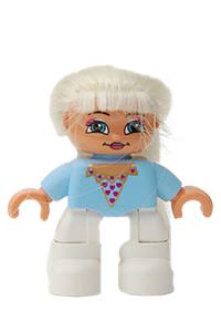 Duplo Figure Lego Ville, Child Girl, White Legs, Bright Light Blue Top with Heart Pattern, Blond Hair 47205pb017