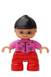 Duplo Figure Lego Ville, Child Girl, Red Legs, Dark Pink Top with Flowers, Black Riding Helmet 47205pb018