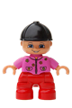 Duplo Figure Lego Ville, Child Girl, Red Legs, Dark Pink Top with Flowers, Black Riding Helmet - 47205pb018