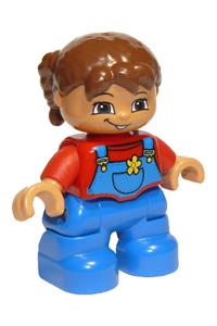Duplo Figure Lego Ville, Child Girl, Blue Legs Overalls with Yellow Flower in Pocket, Red Top, Reddish Brown Hair, Brown Eyes 47205pb021