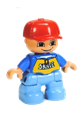Duplo Figure Lego Ville, Child Boy, Medium Blue Legs, Blue Top with 'SKATE' Pattern, Red Cap - 47205pb024