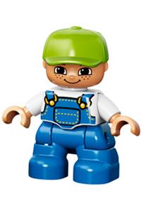 Duplo Child Boy - Lego Ville Duplo figure: Child boy with blue legs, white top with blue overalls, lime cap, and freckles - 47205pb025
