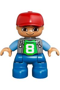 Duplo Figure Lego Ville, Child Boy, Blue Legs, Light Bluish Gray Top with '8' Pattern, Medium Blue Arms, Red Cap, Freckles under Eyes 47205pb026