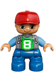 Duplo Figure Lego Ville, Child Boy, Blue Legs, Light Bluish Gray Top with '8' Pattern, Medium Blue Arms, Red Cap, Freckles under Eyes - 47205pb026